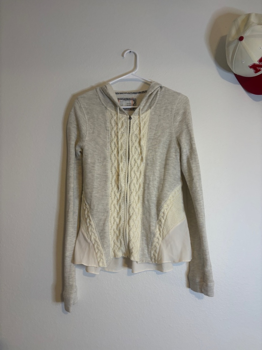 Light Beige Cable-Knit Zip-Up Hoodie with Sheer Hem